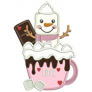 Snowman Inside a Cup With Cocoa Love Valentine's Day Applique Machine Embroidery Design Digitized Pattern