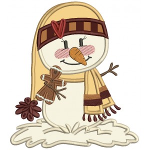 Snowman Wearing Scarf And a Hat Holding Gingerbread Man Christmas Applique Machine Embroidery Design Digitized Pattern
