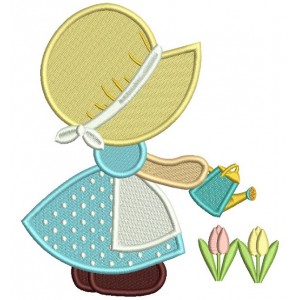 Sunbonnet Doll Watering Plants Filled Machine Embroidery Design Digitized Pattern