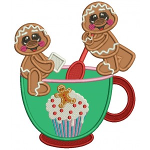 Two Gingerbread Men Mixing Hot Cocoa Christmas Applique Machine Embroidery Design Digitized Pattern