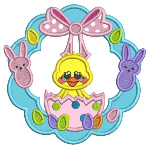 Wreath With Bunnies And a Little Chick Sitting Inside an Easter Egg Applique Machine Embroidery Design Digitized Pattern