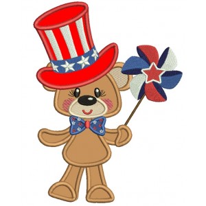 4th Of July Bear Holding Pinwheel Wearing USA Hat Applique Machine Embroidery Design Digitized Pattern