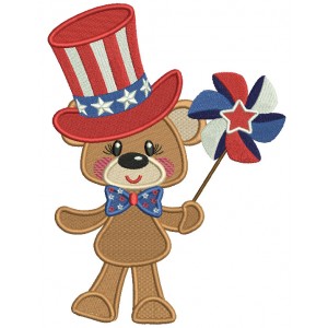 4th Of July Bear Holding Pinwheel Wearing USA Hat Filled Machine Embroidery Design Digitized Pattern