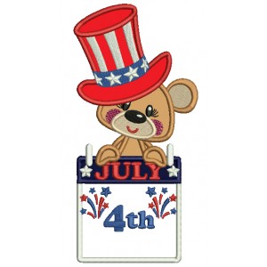 4th Of July Bear Wearing USA Hat Applique Machine Embroidery Design Digitized Pattern