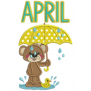 April Little Bear Holding Umbrella Applique Machine Embroidery Design Digitized Pattern 
