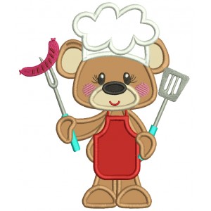 Bear Cook Holding a Sausage Applique Machine Embroidery Design Digitized Pattern