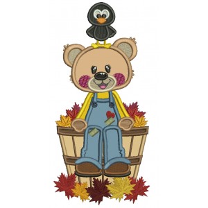 Bear Sitting On The Bucket Filled With Fall Leaves Applique Machine Embroidery Design Digitized Pattern