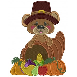 Bear Wearing Big Thankgiving Hat With Carnocopia of Fruits And Vegatables Filled Machine Embroidery Design Digitized Pattern