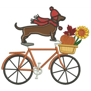 Bicycle With Dachshund Dog And Fall Basket Thanksgiving Applique Machine Embroidery Design Digitized Pattern