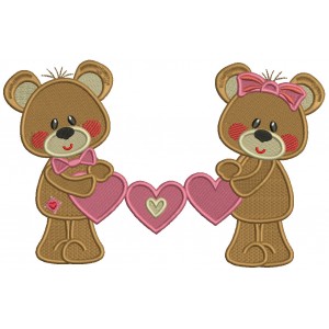 Boy And Girl Bears Holding Hearts Valentine's Day Filled Machine Embroidery Design Digitized Pattern