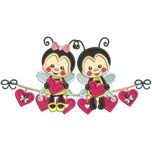 Boy And Girl Bees Holding Hearts Valentine's Day Applique Machine Embroidery Design Digitized Pattern