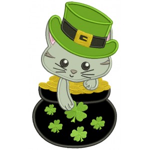 Cat Sitting In The Pot Of Gold St. Patricks Applique Machine Embroidery Design Digitized Pattern