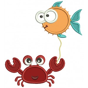 Crab Holding Fish On a String Applique Machine Embroidery Design Digitized Pattern