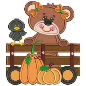 Cute Bear and Crow With Pumpkins Applique Machine Embroidery Design Digitized Pattern