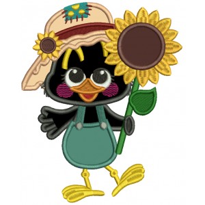 Cute Crow Holding a Sunflower Applique Filled Thanksgiving Machine Embroidery Design Digitized Pattern