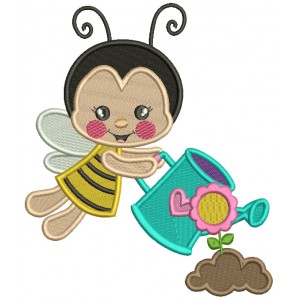 Cute Girl Bee Watering Plants Gardening Filled Machine Embroidery Design Digitized Pattern