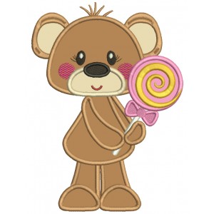 Cute Little Bear Girl Holding Lollipop Applique Machine Embroidery Design Digitized Pattern