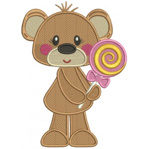 Cute Little Bear Girl Holding Lollipop Filled Machine Embroidery Design Digitized Pattern
