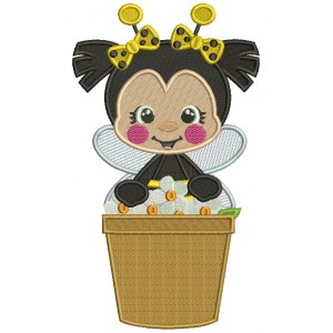 Cute Little Bee Sitting Inside a Flower Pot Filled Machine Embroidery Design Digitized Pattern