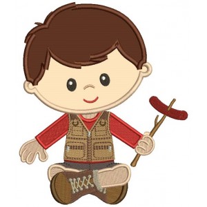 Cute Little Boy Camping Holding Sausage On The Stick Applique Machine Embroidery Design Digitized Pattern