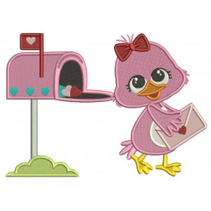 Cute Little Chick Getting Envelope With Heart Valentine's Day Filled Machine Embroidery Design Digitized Pattern