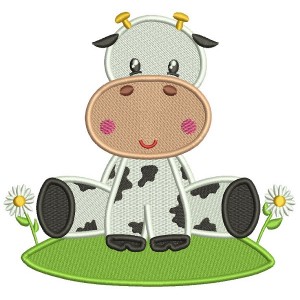 Cute Little Cow Sitting On The Grass With Flowers Filled Machine Embroidery Design Digitized Pattern