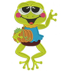 Cute Little Frog Holding a Pumpkin Thanksgiving Filled Machine Embroidery Design Digitized Pattern