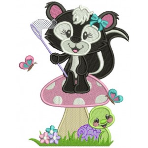 Cute Little Girl Skunk Standing On The Mushroom Filled Machine Embroidery Design Digitized Pattern