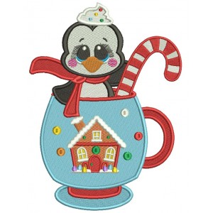 Cute Little Penguin Sitting Inside Cup Christmas Filled Machine Embroidery Design Digitized Pattern