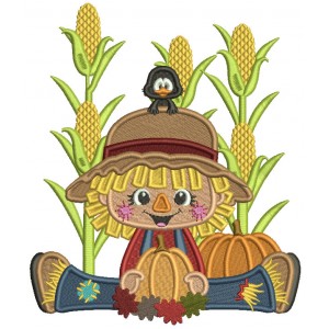 Cute Little Scarecrow Sitting In a Cornfield Holding a Pumpkin Filled Machine Embroidery Design Digitized Pattern