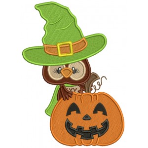 Cute Owl Wearing Wizard Hat Holding Pumpkin Filled Halloween Machine Embroidery Design Digitized Pattern