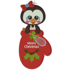 Cute Penguin Sitting Inside a MItten Merry Christmas Filled Machine Embroidery Design Digitized Pattern