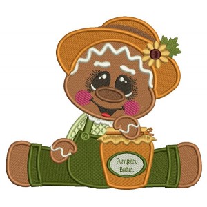 Gingerbread Man Holding a Pumpkin Butter Fall Thanksgiving Filled Machine Embroidery Design Digitized Pattern