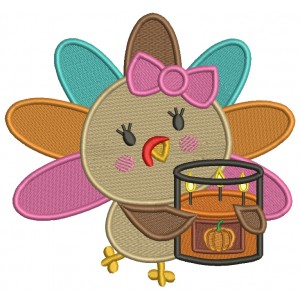 Girl Turkey Holding Pumpkin Pie With Candles Thanksgiving Filled Machine Embroidery Design Digitized Pattern