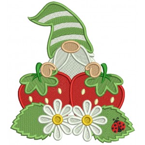 Gnome With Strawberries And Daisies Filled Machine Embroidery Design Digitized Pattern