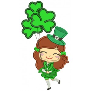 Happy Girl With Shamrock Balloons St. Patrick's Day Applique Machine Embroidery Design Digitized Pattern