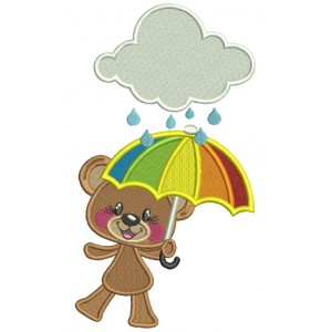 Little Bear Holding Umbrella And Rain From a Big Cloud Filled Machine Embroidery Design Digitized Pattern 