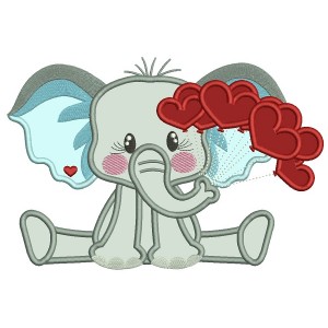 Little Elephant Holding Hearts On The String Valentine's Day Applique Machine Embroidery Design Digitized Pattern