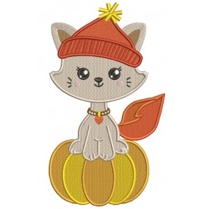 Little Kitten Sitting On The Pumpkin Fall Filled Machine Embroidery Design Digitized Pattern