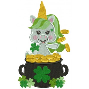 Lucky Unicorn Sitting In The Pot Of Gold St. Patrick's Filled Machine Embroidery Design Digitized Pattern
