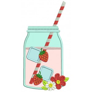 Mason Jar Drink With Ice Cubes And Strawberries Applique Machine Embroidery Design Digitized Pattern