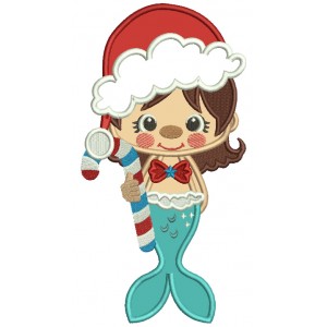 Mermaid Wearing Santa Hat Holding Candy Cane Applique Christmas Machine Embroidery Design Digitized Pattern