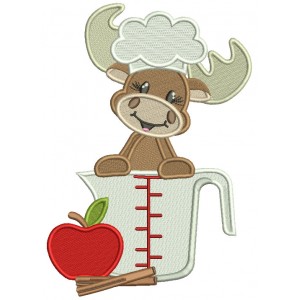 Moose Cook with an Apple Cooking Filled Machine Embroidery Design Digitized Pattern