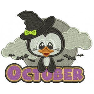 October Penguin Flying Bats Halloween Filled Machine Embroidery Design Digitized Pattern