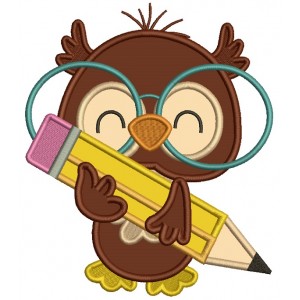 Owl With Big Glasses Holding a Pencil School Applique Machine Embroidery Design Digitized Pattern