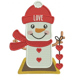 Snowman Holding Hearts Valentine's Day Filled Machine Embroidery Design Digitized Pattern