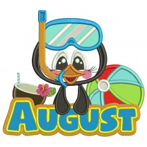 August Penguin With a Beach Ball Applique Machine Embroidery Design Digitized Pattern