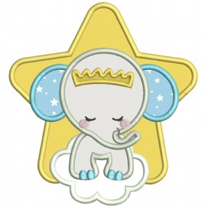 Baby Elephant Sitting On The Cloud And Big Star Applique Machine Embroidery Design Digitized Pattern