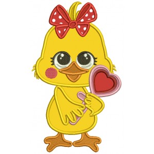 Baby Girl Chick Holding Big Heart Valentine's Day Applique Machine Embroidery Design Digitized Pattern