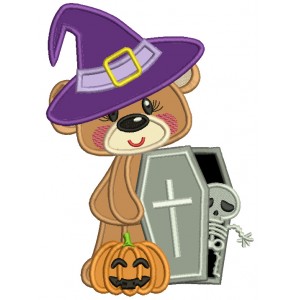 Bear Holding Coffin With Skeleton Halloween Applique Machine Embroidery Design Digitized Pattern